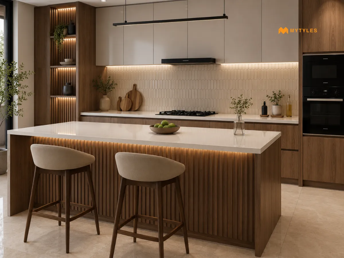 Brown Fluted Tile with Cream Marble-Look Countertop
